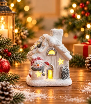 Snow-Covered Santa Christmas Cottage with Star Cutouts – Miniature Tabletop Décor - Image 4