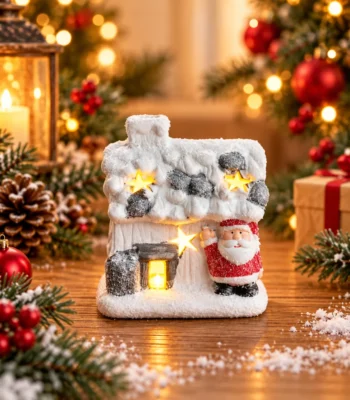Snow-Covered Santa Christmas Cottage with Star Cutouts – Miniature Tabletop Décor - Image 3