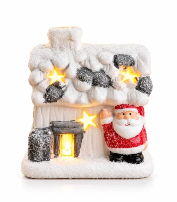 Snow-Covered Santa Christmas Cottage with Star Cutouts – Miniature Tabletop Décor - Image 5