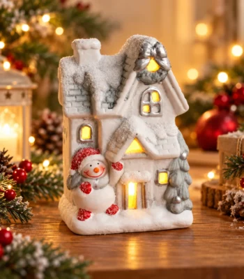 LED Illuminated Snowy Christmas Cottage with Snowman Figurine - Image 2