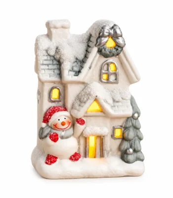 LED Illuminated Snowy Christmas Cottage with Snowman Figurine - Image 4