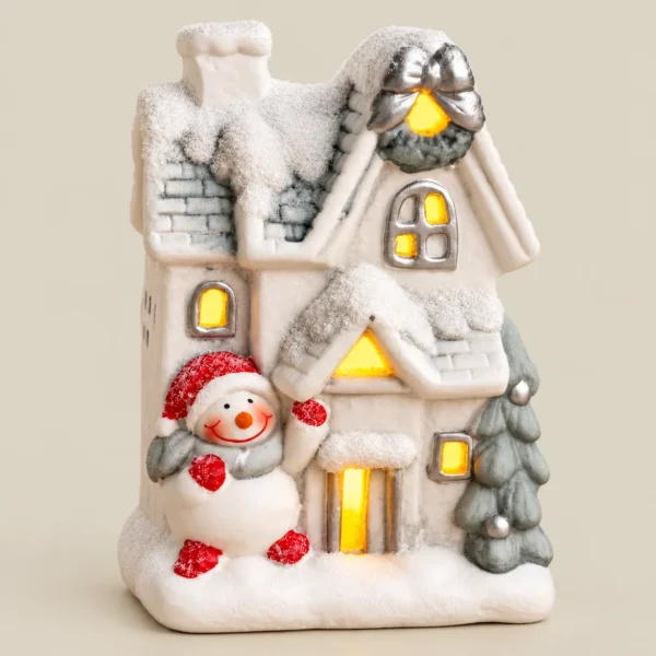 LED Illuminated Snowy Christmas Cottage with Snowman Figurine