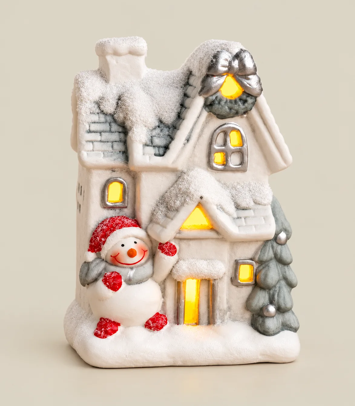 46 LED Illuminated Snowy Christmas Cottage with Snowman Figurine - Image 1