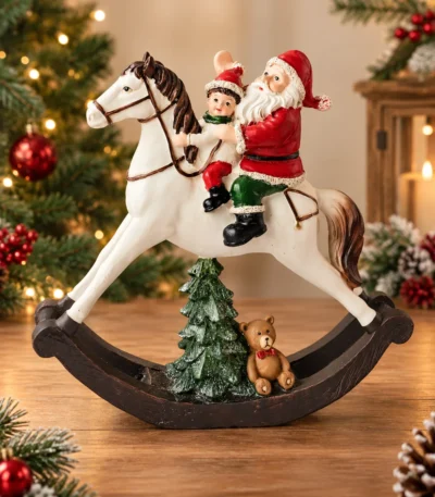 Resin Santa Claus with Child on Rocking Horse Christmas Decorative Figurine - Image 2