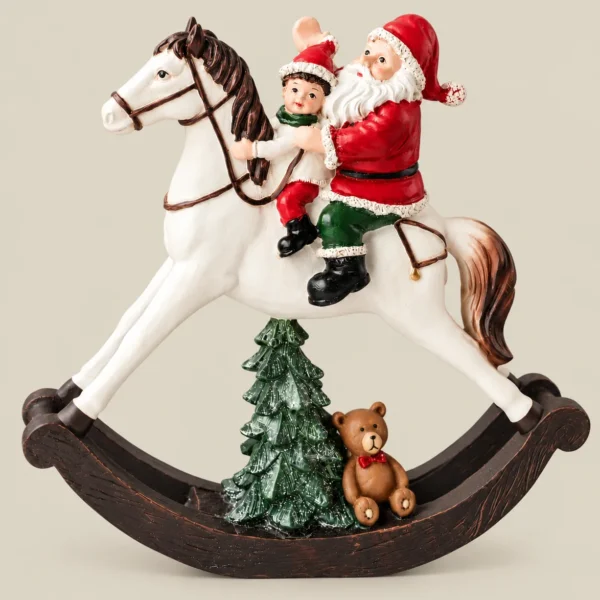 Resin Santa Claus with Child on Rocking Horse Christmas Decorative Figurine