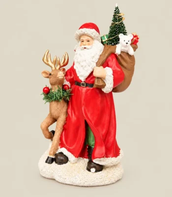 Christmas Santa Claus with Reindeer and Gift Sack Decorative Figurine