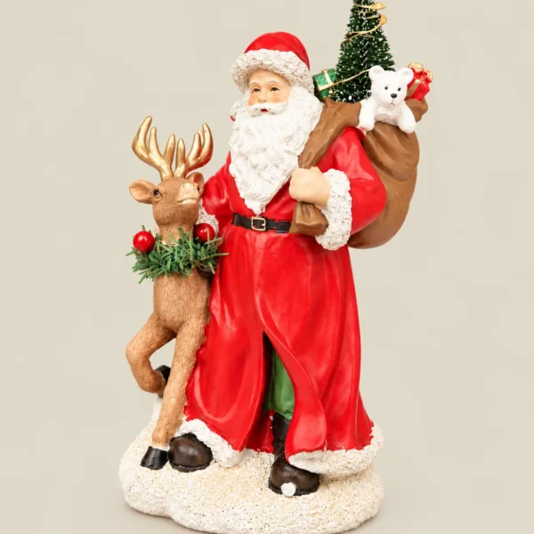 Christmas Santa Claus with Reindeer and Gift Sack Decorative Figurine
