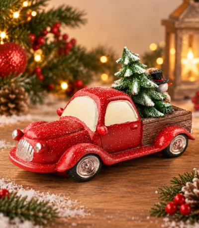 Vintage Red Christmas Pickup Truck with Christmas Tree and Snowman Figurine - Image 2