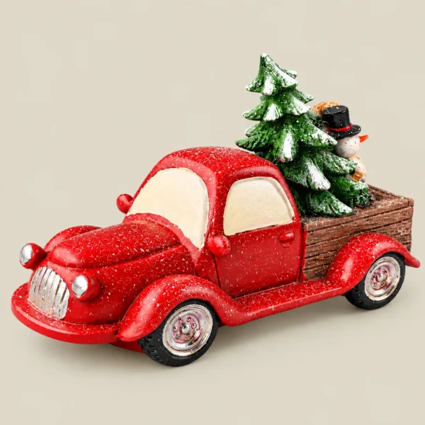 Vintage Red Christmas Pickup Truck with Christmas Tree and Snowman Figurine