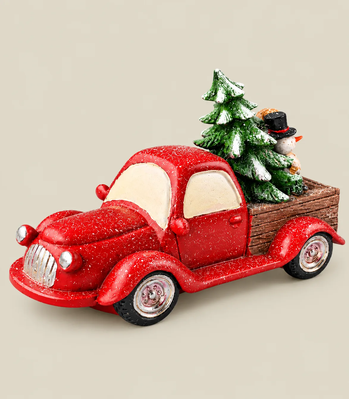 74 Vintage Red Christmas Pickup Truck with Christmas Tree and Snowman Figurine - Image 1