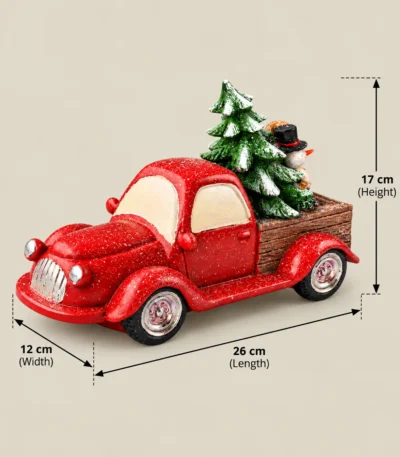 Vintage Red Christmas Pickup Truck with Christmas Tree and Snowman Figurine - Image 3