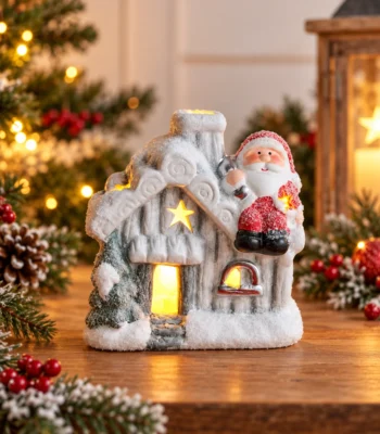 Battery-Operated LED Snowy Christmas Cottage with Santa Figurine - Image 2