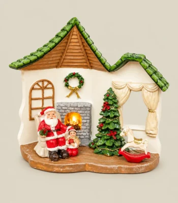 Christmas Village Cottage Miniature Figurine with Santa and Fireplace