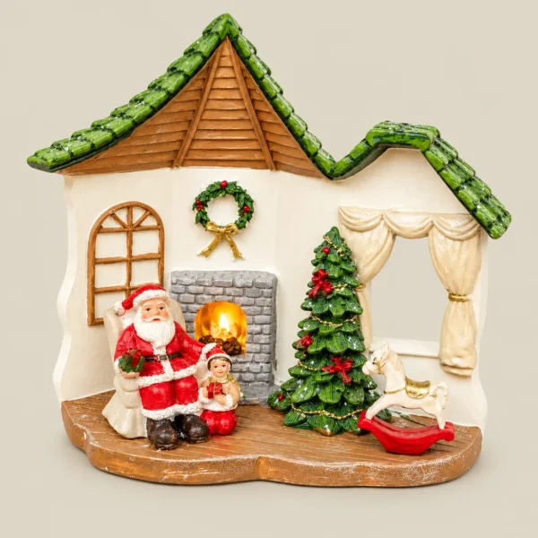 Christmas Village Cottage Miniature Figurine with Santa and Fireplace
