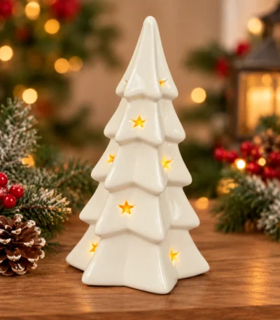 Elegant White Ceramic LED Christmas Tree with Star Cutouts - Image 3