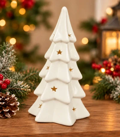 Elegant White Ceramic LED Christmas Tree with Star Cutouts - Image 2