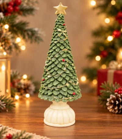 Decorative Green Christmas Tree Figurine with Gold Star and Ivory Base - Image 2