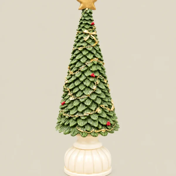 Decorative Green Christmas Tree Figurine with Gold Star and Ivory Base