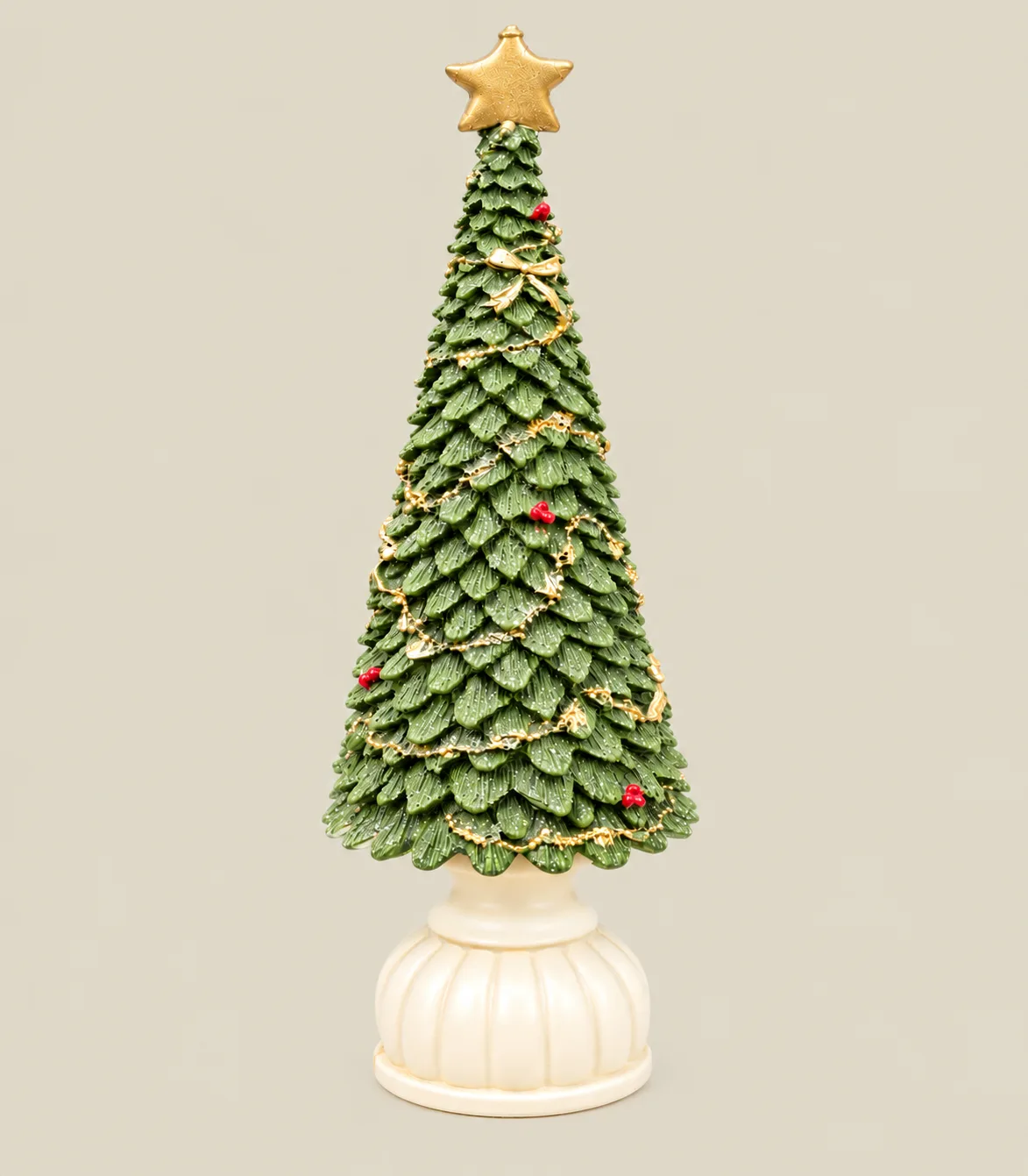 97 Decorative Green Christmas Tree Figurine with Gold Star and Ivory Base - Image 1
