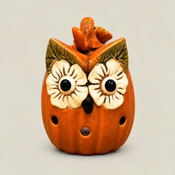 Ceramic Pumpkin Owl Tealight Candle Holder – Tall Floral Owl Design