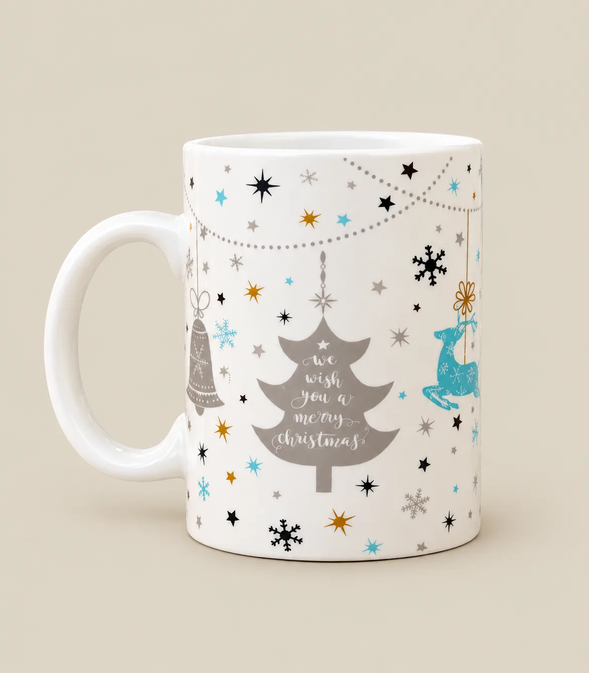q13 Elegant Snowflake Printed Ceramic Christmas Coffee Mug – Multicolour Festive Design - Image 1