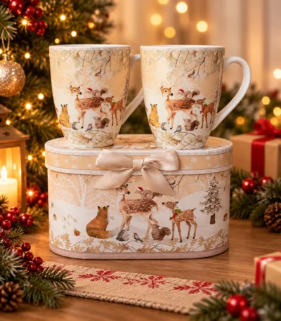 Christmas Woodland Deer Ceramic Mug Gift Set with Matching Decorative Gift Box – Set of 2 - Image 2