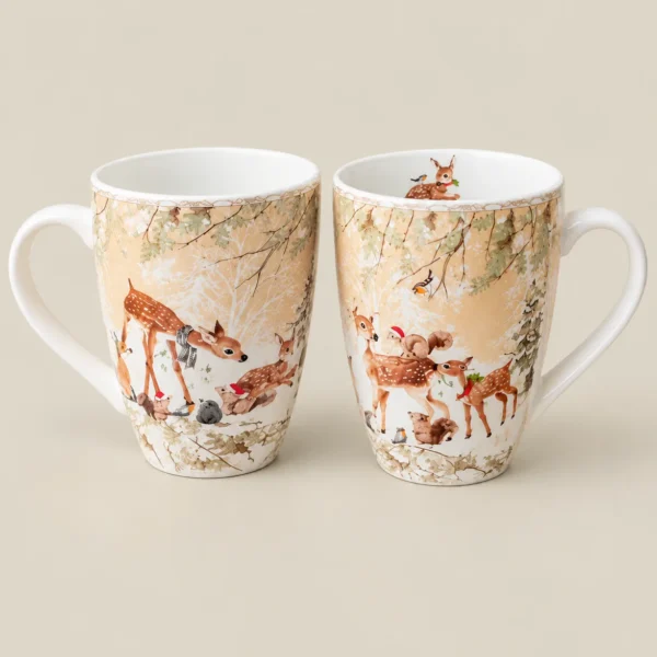Christmas Woodland Deer Ceramic Mug Gift Set with Matching Decorative Gift Box – Set of 2