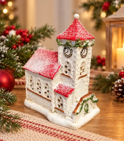 Battery-Operated LED Light-Up Christmas Church with Clock Tower – Snowy Village Decoration - Image 2