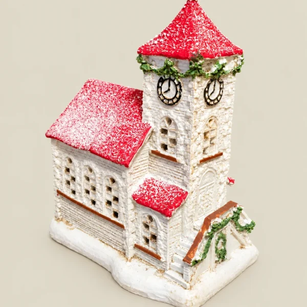 Battery-Operated LED Light-Up Christmas Church with Clock Tower – Snowy Village Decoration