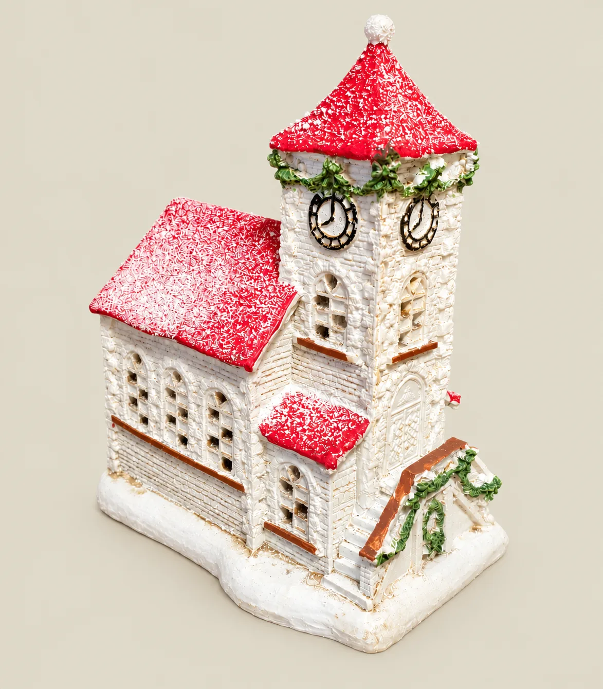 q44 Battery-Operated LED Light-Up Christmas Church with Clock Tower – Snowy Village Decoration - Image 1