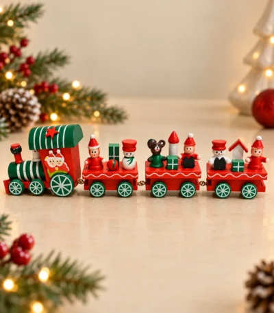 Festive Wooden Christmas Train with Snowman & Teddy Bear Figurines – 4-Piece Decorative Train Set - Image 2