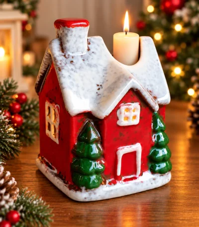 Ceramic Snow-Covered Christmas Cottage Candle Holder – Red & White - Image 2