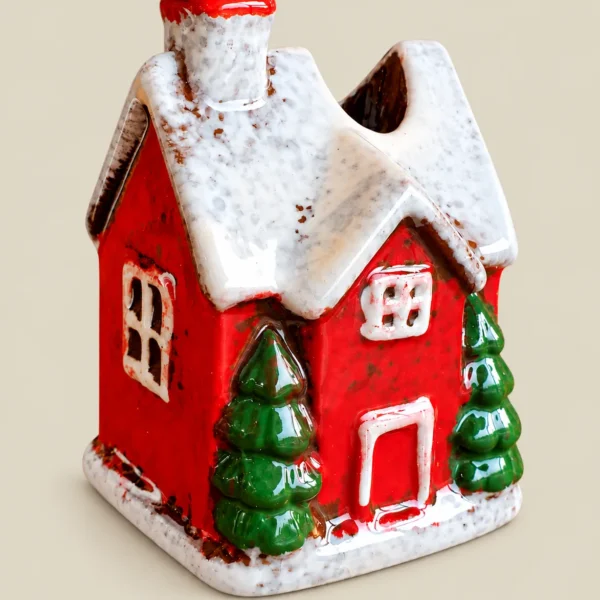Ceramic Snow-Covered Christmas Cottage Candle Holder – Red & White