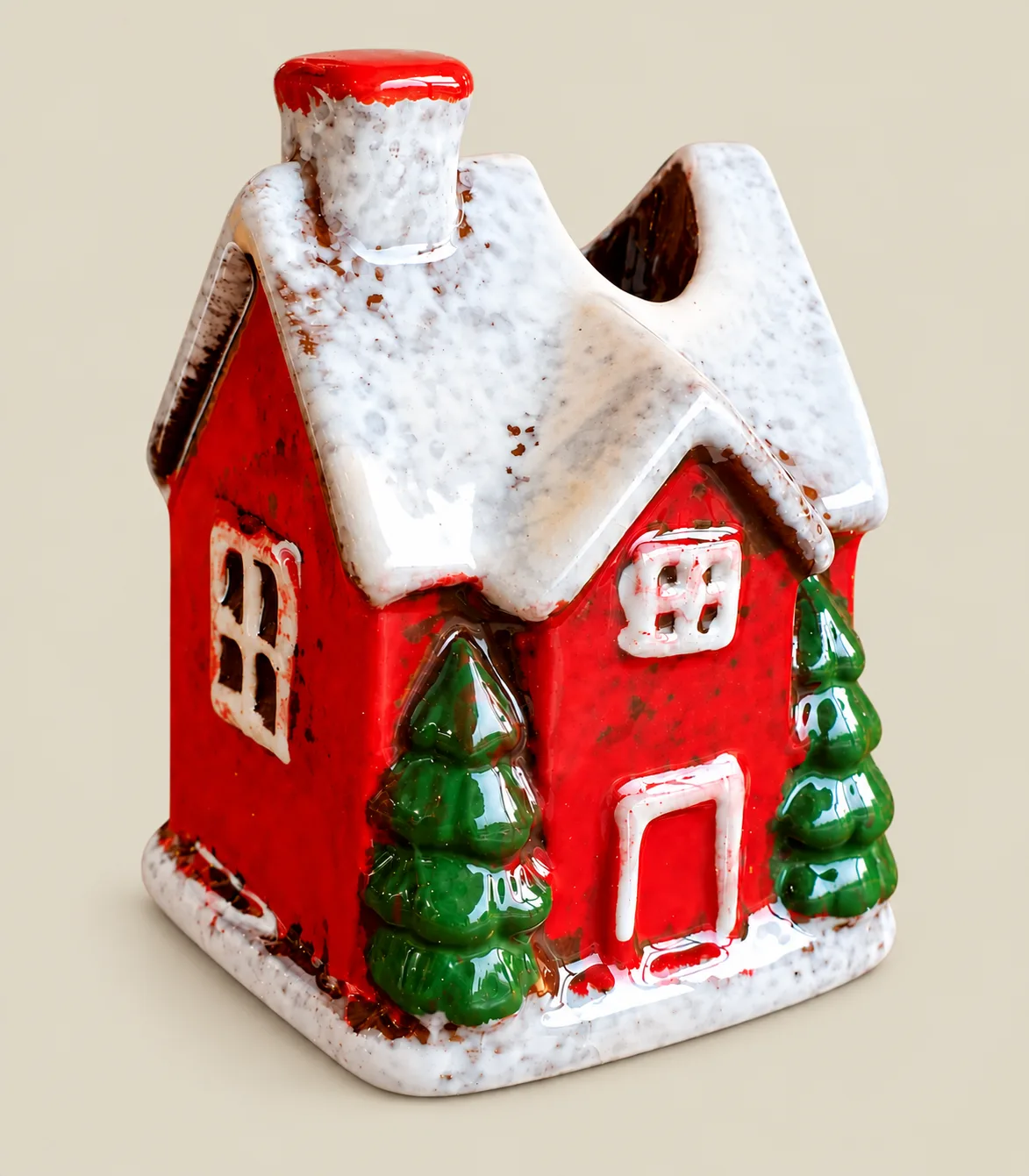q56 Ceramic Snow-Covered Christmas Cottage Candle Holder – Red & White - Image 1