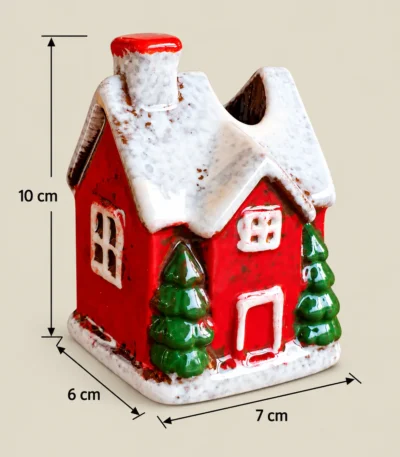 Ceramic Snow-Covered Christmas Cottage Candle Holder – Red & White - Image 3