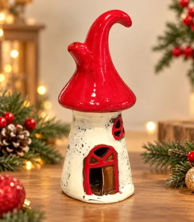 Whimsical Red Roof Ceramic Mushroom House Tealight Candle Holder – Christmas Décor - Image 2