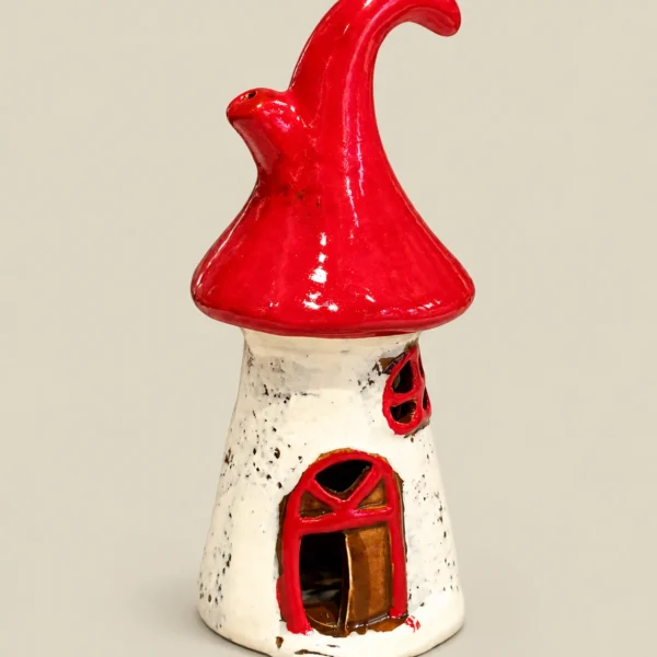 Whimsical Red Roof Ceramic Mushroom House Tealight Candle Holder – Christmas Décor