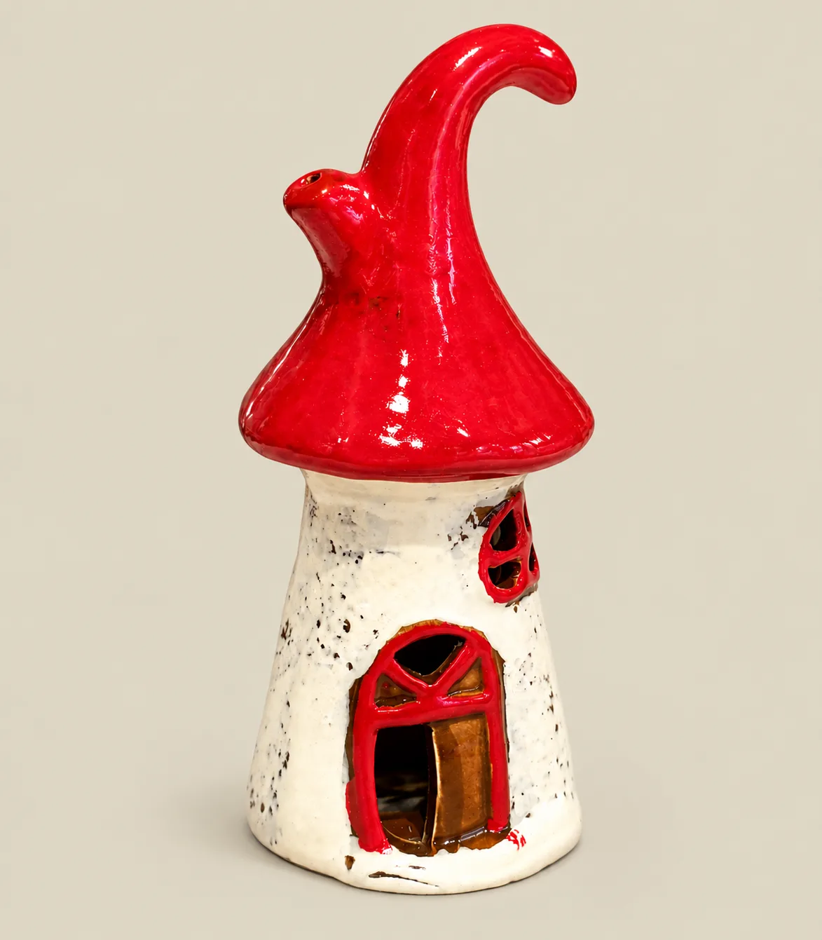 rc23 Whimsical Red Roof Ceramic Mushroom House Tealight Candle Holder – Christmas Décor - Image 1