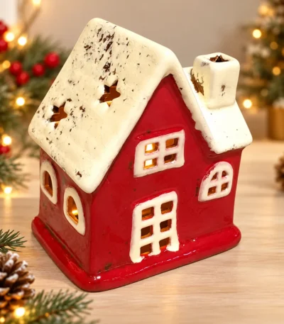Vintage Red Ceramic Christmas Cottage Tealight Candle Holder - Image 2