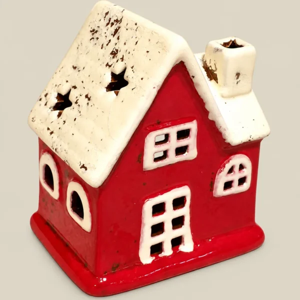 Vintage Red Ceramic Christmas Cottage Tealight Candle Holder
