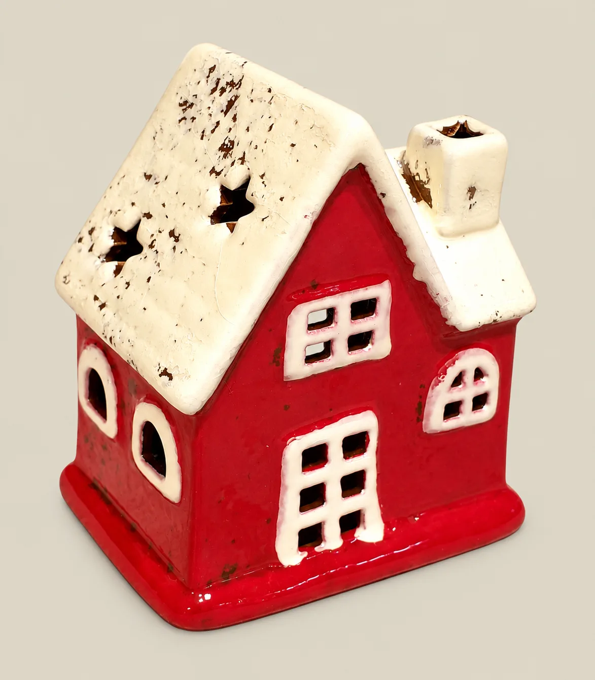 rc27 Vintage Red Ceramic Christmas Cottage Tealight Candle Holder - Image 1