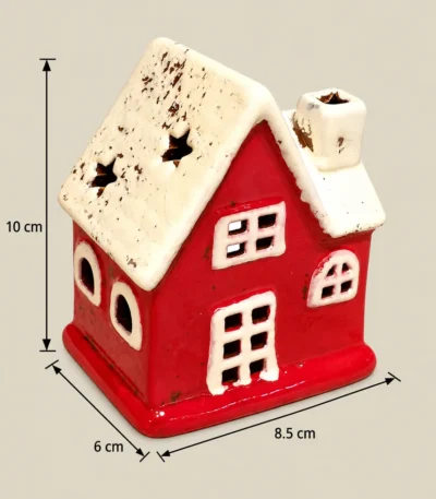 Vintage Red Ceramic Christmas Cottage Tealight Candle Holder - Image 3
