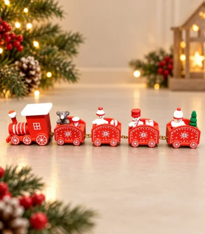 Festive Wooden Christmas Train with Snowman & Teddy Bear Figurines – 5-Piece Decorative Train Set - Image 2