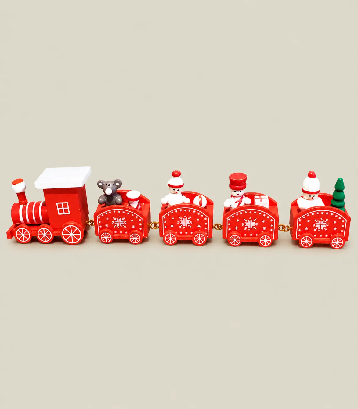 rc31 Festive Wooden Christmas Train with Snowman & Teddy Bear Figurines – 5-Piece Decorative Train Set - Image 1