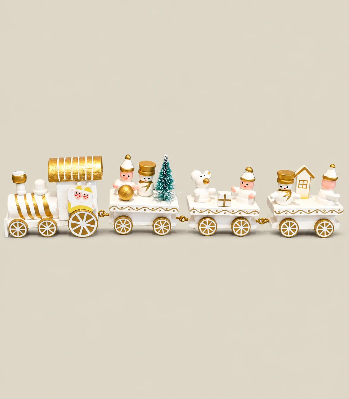 rc35 Festive Wooden Christmas Train with Snowman & Teddy Bear Figurines – 4-Piece Decorative Train Set - Image 1