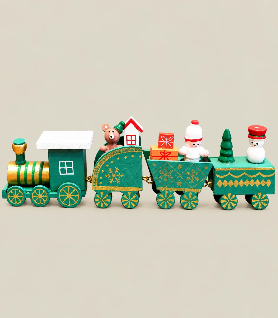 rc39 Festive Wooden Christmas Train with Snowman & Teddy Bear Figurines – 4-Piece Decorative Train Set - Image 1
