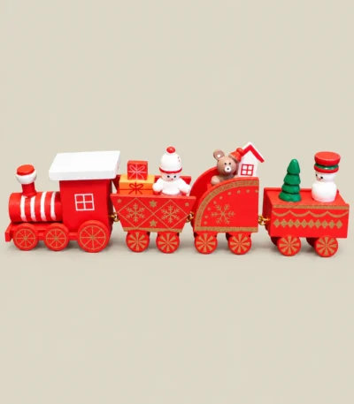 Festive Wooden Christmas Train with Snowman & Teddy Bear Figurines – 4-Piece Decorative Train Set - Image 2