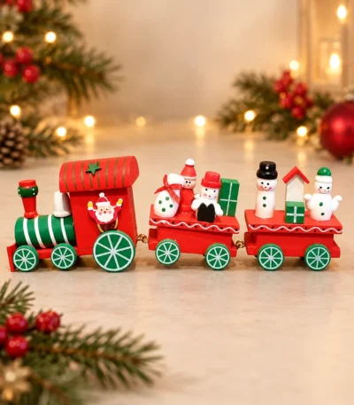 Decorative Wooden Christmas Train with Santa, Snowmen & Gift Carriages – 3-Piece Connected Set - Image 2