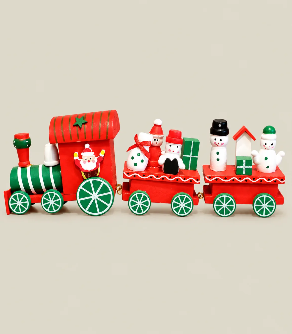 rc55 Decorative Wooden Christmas Train with Santa, Snowmen & Gift Carriages – 3-Piece Connected Set - Image 1
